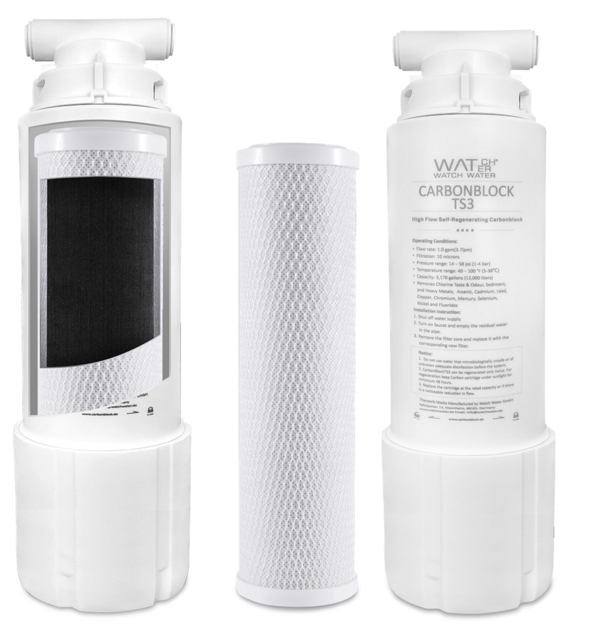 Packshot del cartucho CarbonBlock-TS3 de Watch Water junto a su carcasa autolimpiante