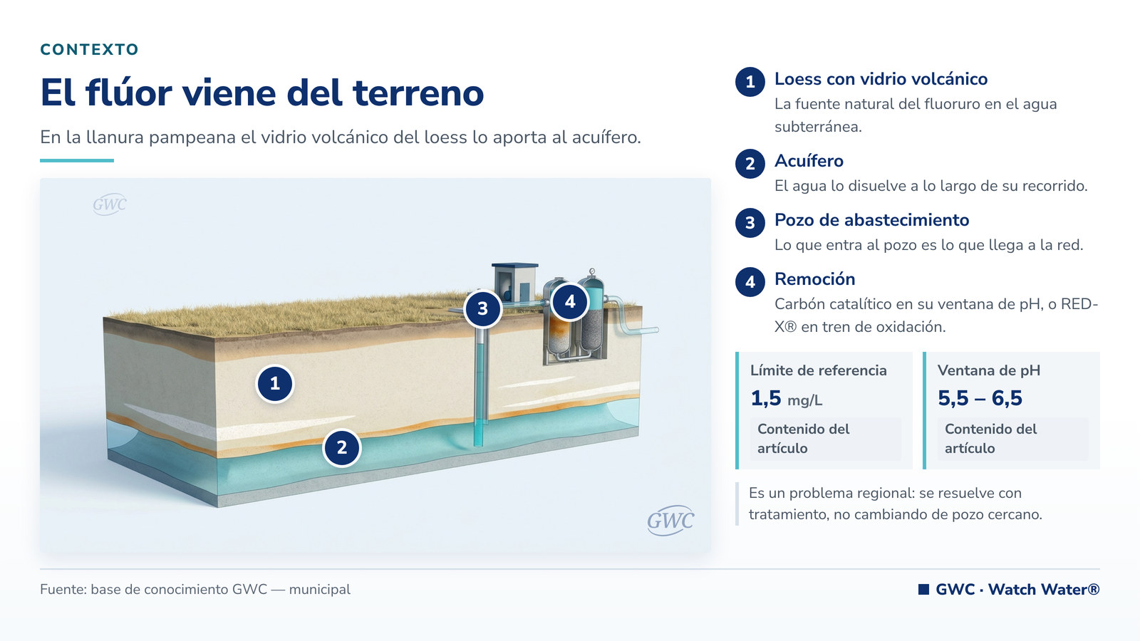 Flúor en el agua de consumo: corte del loess pampeano, el acuífero y el pozo de abastecimiento