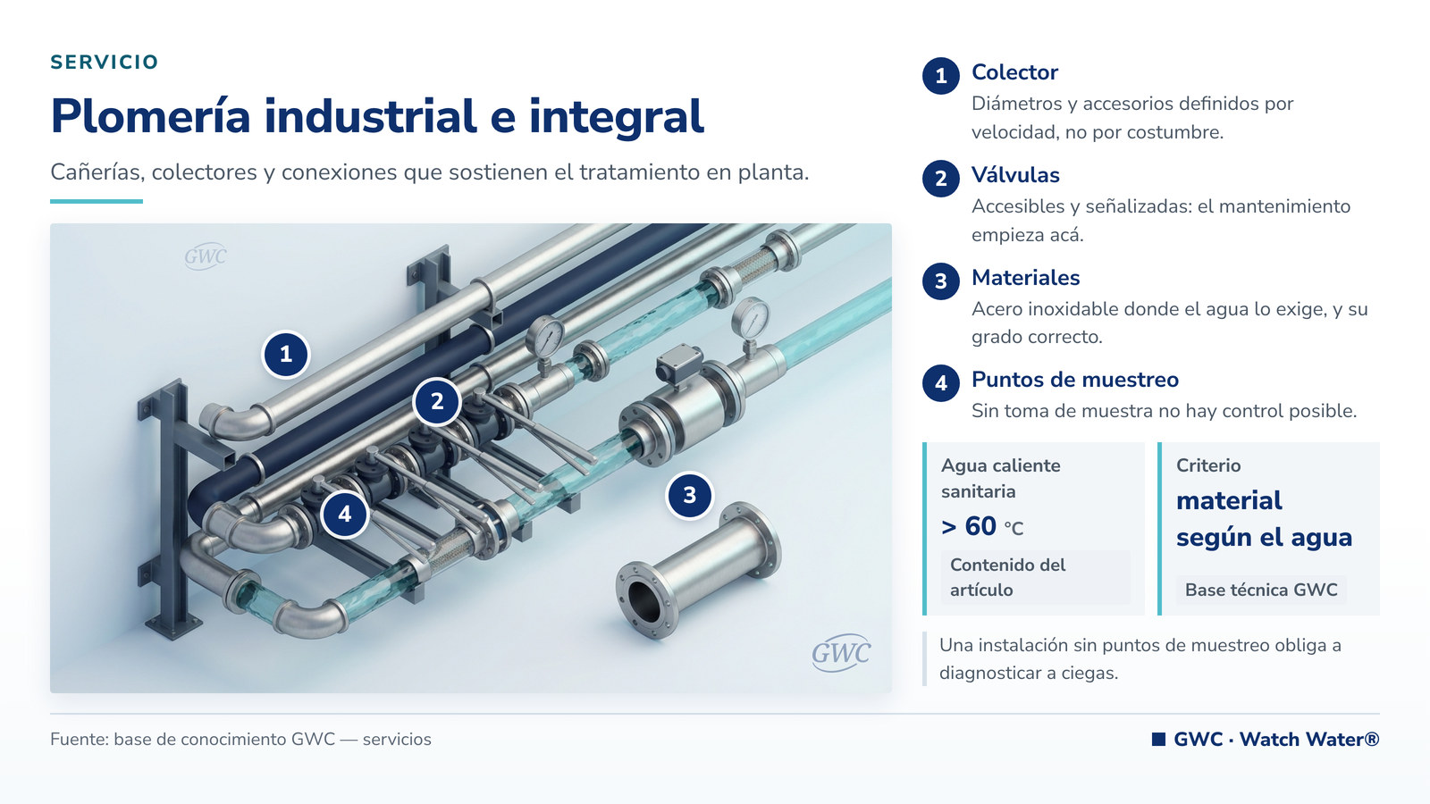 Plomería industrial e integral: colector de cañerías, válvulas y puntos de muestreo en planta